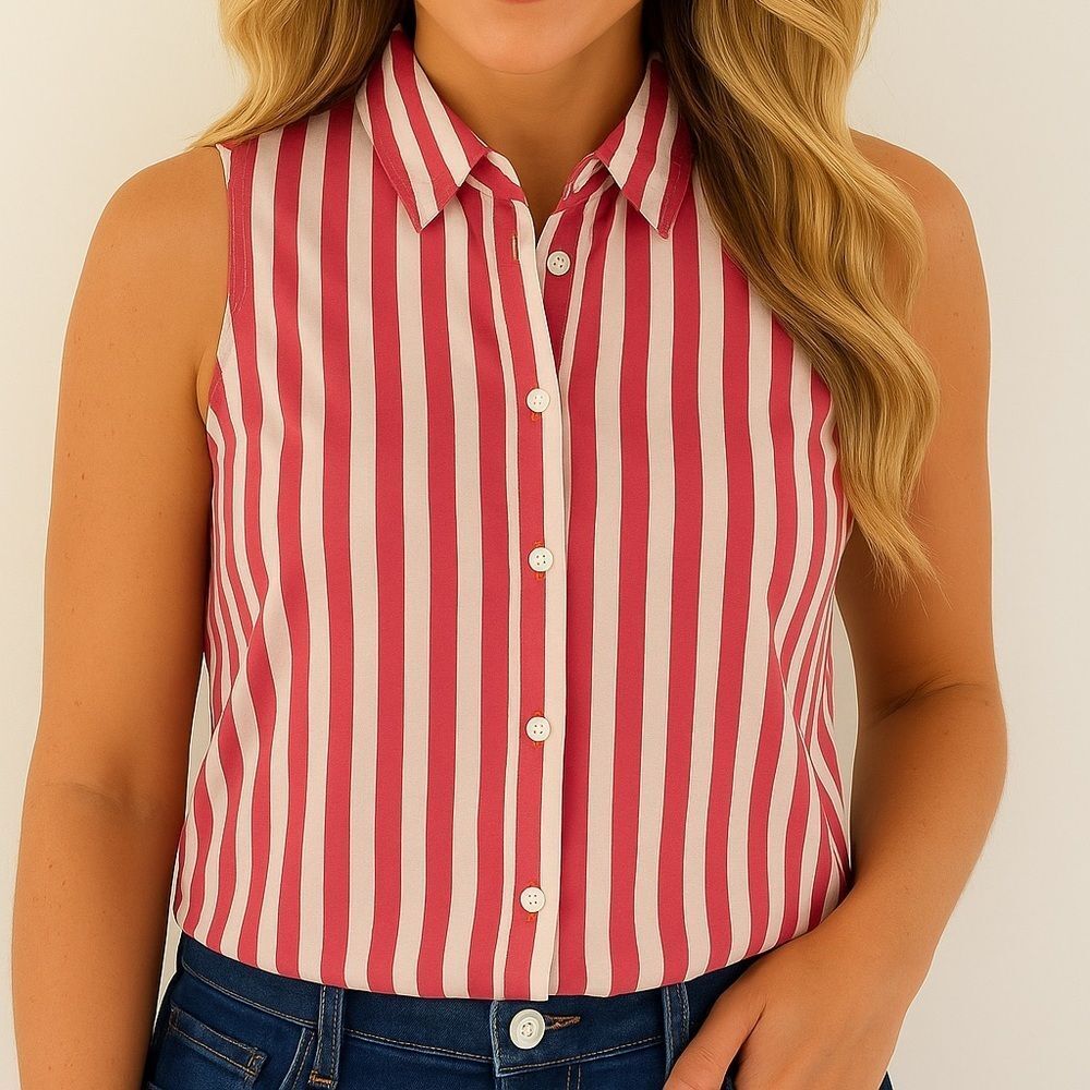 J. Crew Pink and White Striped Sleeveless Button-down, Size M
